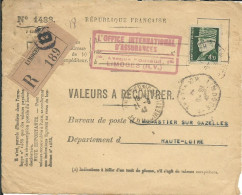 FRANCE LETTRE RECOMMANDE VALEURS A RECOUVRER 4F50 LIMOGES POUR MONASTIER ( HAUTE LOIRE ) DE 1942 LETTRE COVER - 1941-42 Pétain