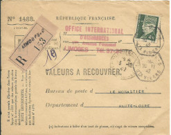 FRANCE LETTRE RECOMMANDE VALEURS A RECOUVRER 4F50 LIMOGES POUR MONASTIER ( HAUTE LOIRE ) DE 1942 LETTRE COVER - 1941-42 Pétain