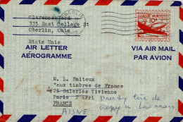 USA ETATS UNIS AEROGRAMME POUR LE LA FRANCE 1958 - Storia Postale