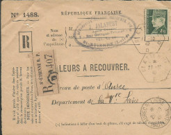 FRANCE LETTRE RECOMMANDE VALEURS A RECOUVRER 4F50 ST ETIENNE POUR AUREC ( HAUTE LOIRE ) DE 1942 LETTRE COVER - 1941-42 Pétain