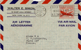 USA ETATS UNIS AEROGRAMME POUR LA FRANCE 1958 - Storia Postale