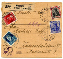 ALLEMAGNE - EMPIRE - 20 PF + 40 PF X2 + 50 PF + BAVIERE 10 PF SUR PAKETKARTE DE MACHERN POUR KAISERSLAUTERN, 1916 - Covers & Documents