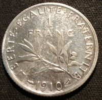 FRANCE - 1 FRANC 1910 - Semeuse - Argent - Silver - Gad 467 - KM 844 - 1 Franc