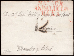 Málaga - Prefilatelia - Málaga PE 15R - 1834 - Carta A Villanueva Geltrú + Porteo "12" - ...-1850 Prephilately