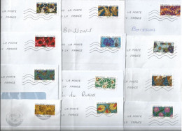 Série Complète De 12 Timbres Autoadhésifs "Fleurs Et Papillons" Sur Enveloppes Entières - Storia Postale