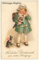 Little Girl With School Cone & Tornister / Kitten (Vintage PC ~1920s/1930s) - Schulen