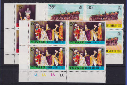 Tuvalu 1977 Thronjubiläum Elisabeth II. Mi.-Nr. 43-45 Eckrandviererblocks ** - Tuvalu (fr. Elliceinseln)