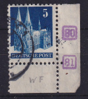 Bizone 1948 Kölner Dom 5 Pf Mi.-Nr. 75 V WF Eckrandstück Mit Bogenkontroll-Nr. O - Gebraucht