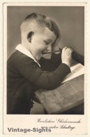 Little Boy Chewing Pencil At School Desk (Vintage RPPC ~1930s) - Ecoles