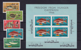 Ghana 1966 Fische Und Schiffe  Mi.-Nr. 261-65A + Block 21 Kpl. ** / MNH - Ghana (1957-...)