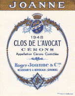 BISTROT ETIQUETTES ALCOOLS VINS JOANNE CLOS DE L AVOCAT CERONS 1948 9 X 11 CM - Alcohols & Spirits