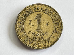 1922 France Evreux 1 Franc Brass Coin, Emergency Money, VF Very Fine - 1 Franc