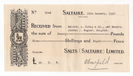 1927. UNITED KINGDOM,ENGLAND,SALTAIRE,RECEIPT FOR A CHEQUE,SALTS (SALTAIRE) LTD. ,LAWYER S.J. WAGNER,SERBIA - Assegni & Assegni Di Viaggio