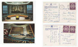 1953 2 Postcards UN General Assembly HAll & UN Security Council Chamber UNITED NATIONS To Gb Usa  Postcard Cover Stamps - Covers & Documents