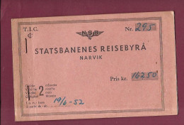 050324 - TICKET TRANSPORT CHEMIN DE FER - 1952 NORVEGE NSB Statsbanenes Reisebyra Narvik Nr 295 TIC Pris Kr 162.50  - Europe