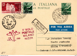 A.L.I. I° Volo Milano/Nizza Del 16.7.49 - Cartolina Postale Lire 12 - Correo Aéreo