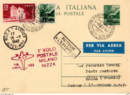 A.L.I. I° Volo Milano/Nizza Del 16.7.49 - Cartolina Postale Lire 12 - Airmail