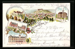 Lithographie Heidenheim A. Brz., Schloss Hellenstein, Bezirks-Krankenhaus, Bahnhof  - Heidenheim