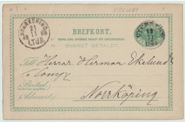 SUÈDE / SWEDEN - 1885 - "VICKELBY" CDS On 5ö Postal Card Mi.P9F Addressed To Norrköping - Briefe U. Dokumente