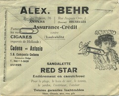 Old Envelope With Publicité 1930: Cigares Cadena Et Antonio ANVERS // Sandalette RED STAR / Assurance Anvers ALEX BEHR - Sobres