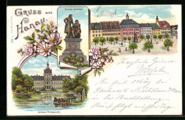 Lithographie Hanau, Schloss Philippsruhe, Marktplatz, Grimm-Denkmal  - Hanau