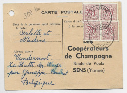 BELGIQUE 20FRX4 CARTE POSTALE PAR BALLON GEMAPPES 1952 POUR FRANCE CHAMPAGNE SENS YONNE - Storia Postale