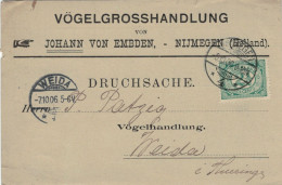 Vögelgrosshandlung Embden Nijmegen 1906 > Weida - Preisliste über Waldvögel - Ornithologie Naturschutz - Storia Postale