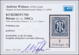 34b AM-Post 80 Pf Unterrand Seltene Farbe Schwarzblau, ** Befund Wehner BPP - Mint
