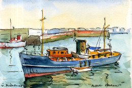 Aquarelle Du Bateau Pilote Albert Faroult (parti Rejoindre L'Angleterre Le 18 Juin 1940) Signé Du Peintre Jean Aubourg - Acquarelli