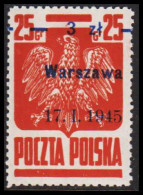 1945. POLSKA. Liberation Issue. 3 Zl On 25 Gr Overprinted Warszawa 17.1.1945 Very Light ... (Michel 390 I Xa) - JF543349 - General Government