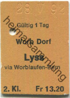 Schweiz - Worb Dorf - Lyss Via Worblaufen-Bern - Fahrkarte 1992 1/2 Preis - Europe