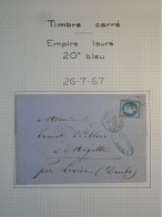 DK0 FRANCE  BELLE LETTRE RARE 1867 ETOILE N°2 SUR N°29 TIMBRE CARRé PIQUETAGE DE PARIS+VU BEHR.DISPERSION DE COLLECTION+ - 1863-1870 Napoleon III With Laurels