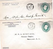 58 - FRANC-MAÇONNERIE (MASONIC) : Entier Postal Canadien Maçonnique De 1930. ACACIA Lodge Et DORIC Lodge ! Rare - Freemasonry