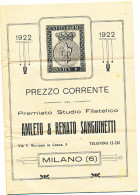 1922 MILANO LISTINO COMPLETO 20 PAGINE STUDIO FILATELICO SANGUINETTI - Pubblicitari