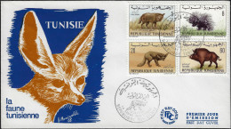 Tunisie 1968 Y&T 655, 656, 659 Et 662 Sur FDC. Chacal, Porc-épic, Fennec Et Sanglier - Honden