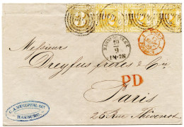ALLEMAGNE - TOURS ET TAXIS - 1/2 SB6 X3 + 3 SB6 SUR LETTRE D'HAMBOURG POUR PARIS, 1866 - Lettres & Documents