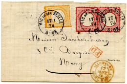 ALLEMAGNE - EMPIRE - 1/2 G. + 2 X1 G. SUR LETTRE DE VIC-SUR-SEINE POUR NANCY RAYON FRONTALIER , 1874 - Cartas & Documentos