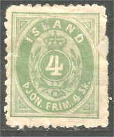 496 Iceland Official Service 1873 4 Sk Vert Green Faulty MH * Neuf (ISL-357) - Oficiales