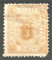 496 Iceland Official Service 1876 3 Aur Yellow Jaune Perf 14 (ISL-354) - Oficiales