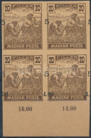 (*) 1919 Magyar Posta Arató Barna 20f ívszéli Négyestömb Vágott Próbanyomat Vízjel és Enyvezés Nélküli Sárgás Papíron, M - Otros & Sin Clasificación