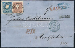 1860 Ajánlott Levél Franciaországba 10kr + 15kr Bérmentesítéssel, A Hátoldali Bélyegek (21kr) Hiányoznak "PESTH / Abends - Otros & Sin Clasificación