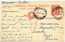 ITALIE - CARTE POSTALE 10C LEONI D'ASMARA POUR LA FRANCE, 1919 - Europa- Und Asienämter