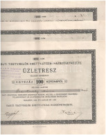 Budapest 1922. "Vasúti Tisztviselők Kmetty-utczai Házszövetkezete" Névre Szóló üzletrész 100K-ról (3x) Sorszámkövetők "9 - Unclassified