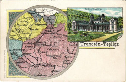 ** T2/T3 Trencsénteplic, Trencianske Teplice; Gyógyterem, Fürdő, Térkép. Wertheim Zsigmond Kiadása / Spa, Bath, Map. Art - Non Classés