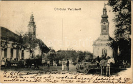 T2/T3 1908 Verbász, Vrbas; Fő Tér, Templomok, Lovaskocsik. D. Pavlovits Kiadása / Main Square, Churches, Horse Carts (EK - Sin Clasificación