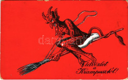 * T2/T3 1934 Üdvözlet A Krampusztól! / Krampus Flying On A Broom (kopott Sarkak / Worn Corners) - Non Classificati