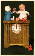 T2/T3 Prosit Neujahr! / New Year Greeting Art Postcard, Children With Wine And Clock. Emb. Litho (EK) - Sin Clasificación