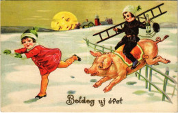 T2 1935 Boldog új évet! Malacon Lovagló Kéményseprő / New Year Greeting, Chimney Sweeper Riding On A Pig - Zonder Classificatie