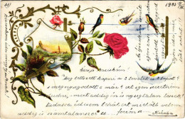 T3 1903 Art Nouveau, Floral, Emb. Greeting Card With Swallows (szakadás / Tear) - Non Classés