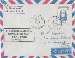 PREMIERE LIAISON POSTALE AERIENNE DE NUIT LILLE-PARIS  29 AVRIL 1957 - Aviones